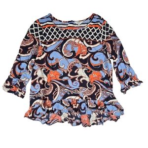 Crown & Ivy Paisley Print Ruffle Trim Blouse Women's sz L